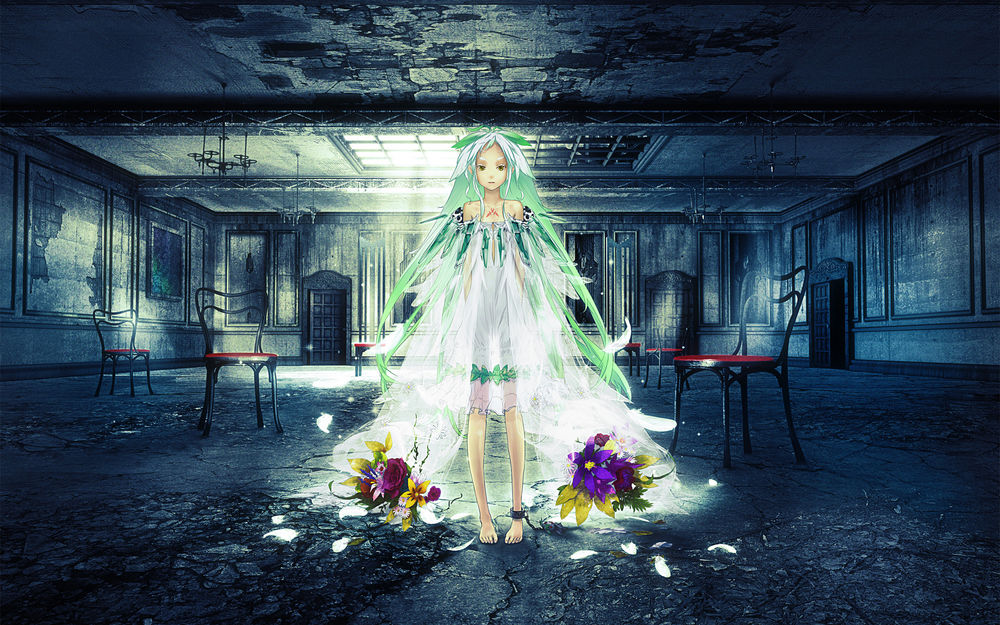 Обои для рабочего стола SnowDrop из визуальной новеллы BEATLESS стоит посреди обгоревшего зала, в котором расставлены стулья с красными сидениями, мангака Redjuice