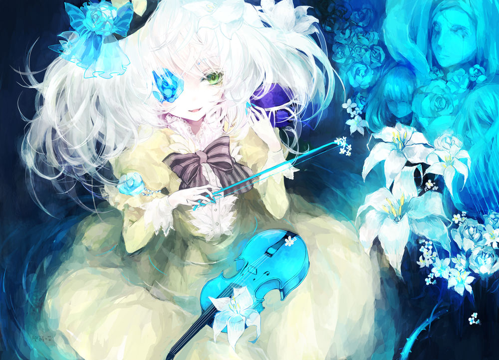 Обои для рабочего стола Koishi Komeiji / Койши Комейдзи из Тохо / Touhou Project с голубой скрипкой и смычком в руке среди синих роз и белых лилий