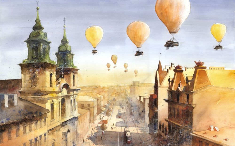 Обои для рабочего стола Воздушные шары, к которым привязаны рояли, летят над улицами города с остроконечными крышами, горожанами и трамваями