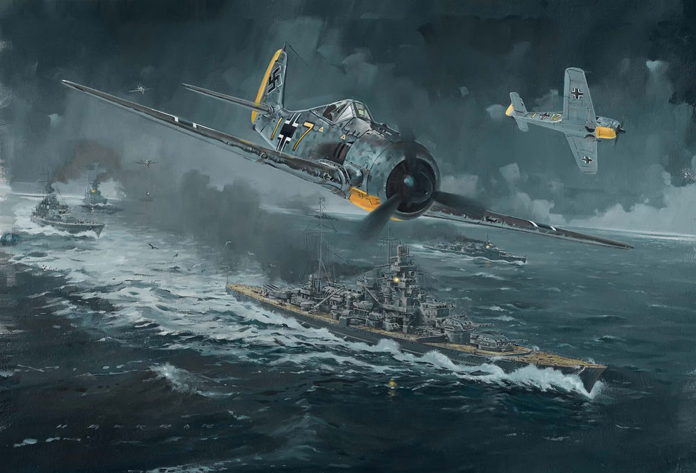 Обои для рабочего стола Атака фашистских истребителей Focke-Wulf Fw 190 Wurger / Фокке-Вульф Fw 190 «Сорокопут»  на военные корабли