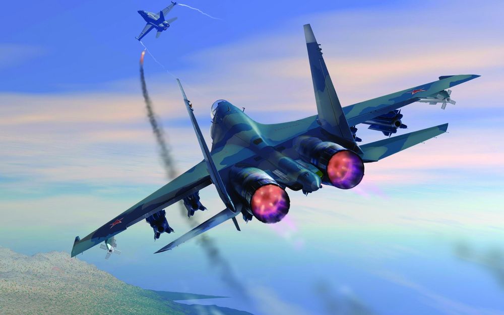 Обои для рабочего стола Су-27 с красными звездами на крыльях атакует ракетой самолет противника