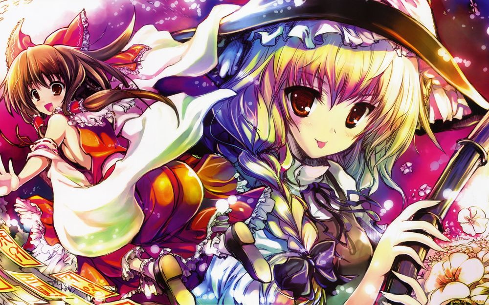 Обои для рабочего стола Reimu Hakurei / Рейму Хакурей и Мариса Кирисаме / Marisa Kirisame из игры Тохо / Touhou