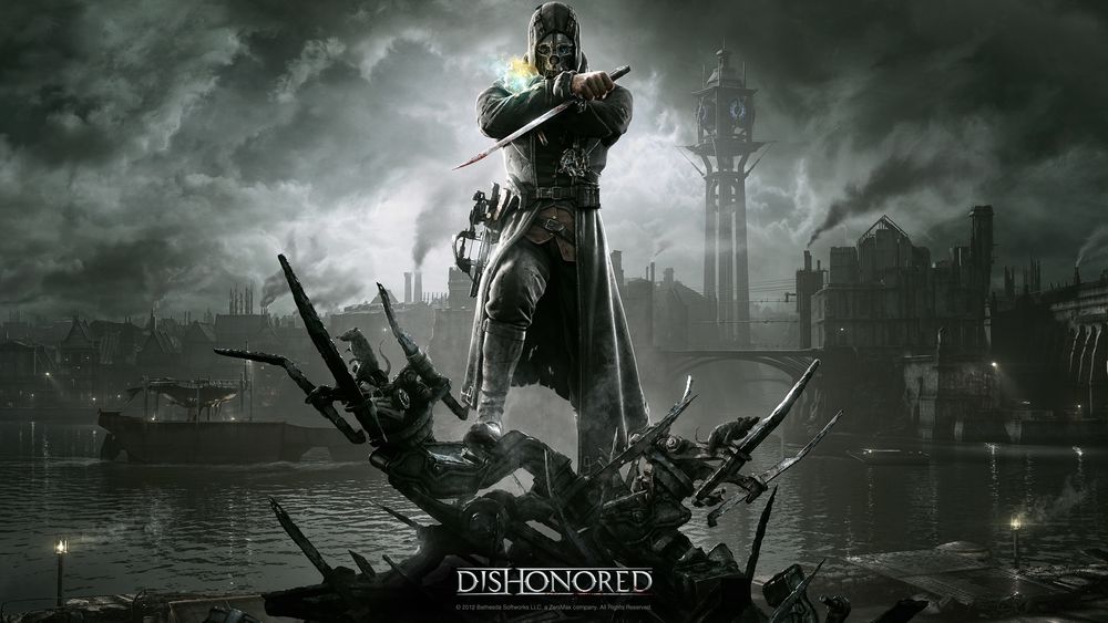 Обои для рабочего стола Главный герой игры Dishonored стоит на куче ржавого мусора, за его спиной постапокаптический город