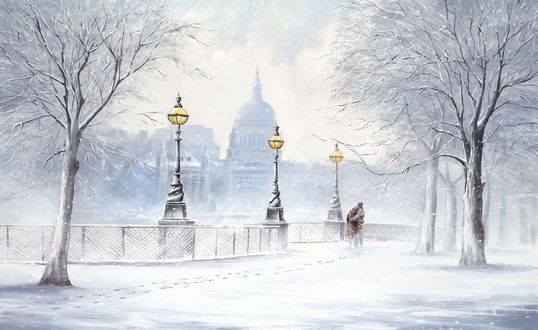 Обои на рабочий стол Живопись зимнего города, художник Джефф Роланд / Jeff Rowland