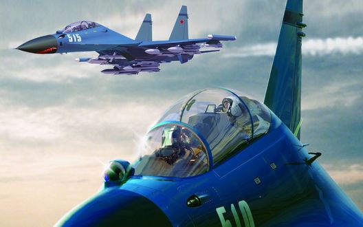 Обои на рабочий стол В воздухе пара истребителей Российских ВВС Су-27, отрабатывающих групповую слетанность в составе пары