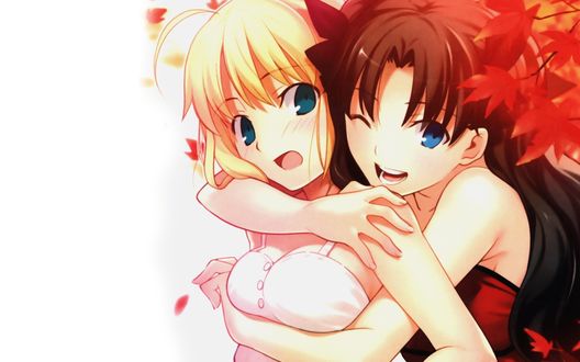 Обои на рабочий стол Saber Lily / Сэйбер Лили и  Tohsaka Rin / Тосака Рин стоят обнявшись из аниме Fate / Zero, Судьба / Начало