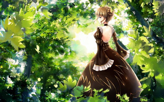 Обои на рабочий стол Беатриче / Beatrice из аниме ''Когда плачут чайки'' / ''Umineko no Naku Koro ni'' в лесу