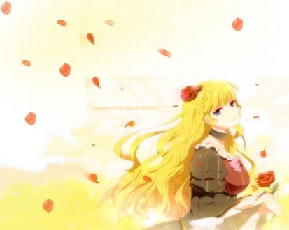 Обои на рабочий стол Беатриче / Beatrice из аниме 'Когда плачут чайки' / 'Umineko no Naku Koro ni' на фоне падающих лепестков держит розу