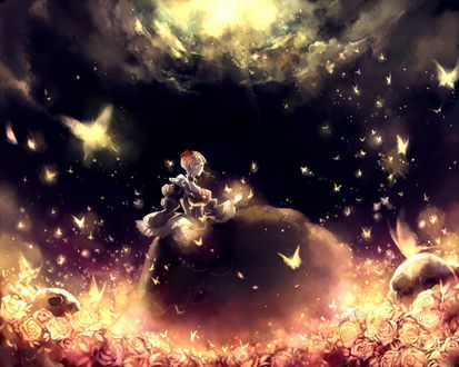 Обои на рабочий стол Беатриче / Beatrice из аниме 'Когда плачут чайки' / 'Umineko no Naku Koro ni' стоит в цветах под черным небом, вокруг нее порхают золотые бабочки