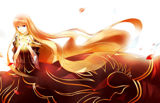 Обои на рабочий стол Беатриче / Beatrice из аниме 'Когда плачут чайки' / 'Umineko no Naku Koro ni' держит в руках цветок, возле нее летают лепестки роз