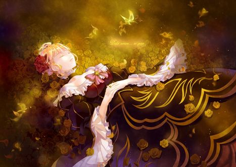 Обои на рабочий стол Беатриче / Beatrice из аниме 'Когда плачут чайки' / 'Umineko no Naku Koro ni' лежит в розах, над ней порхают бабочки (Dolce amore... in pace / Сладкая любовь... в мире)