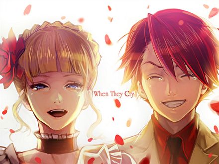 Обои на рабочий стол Беатриче / Beatrice и Баттлер Уширомия / Battler Ushiromia из аниме 'Когда плачут чайки' / 'Umineko no Naku Koro ni' плачут от счастья, на них падают лепестки роз (When They Cry / Когда плачут чайки)