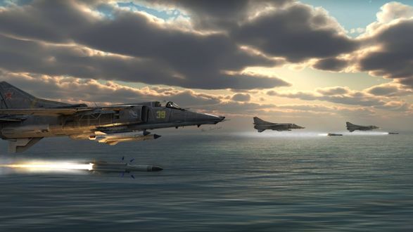 Обои на рабочий стол Звено боевых истребителей Российских ВВС Су-27 произвело одновременный пуск крылатых ракет над акваторией моря на летно-тактических учениях