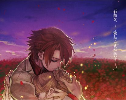 Обои на рабочий стол Баттлер Уширомия / Battler Ushiromia обнимает Беатриче / Beatrice в розовом саду на фоне вечернего неба, из аниме 'Когда плачут чайки' / 'Umineko no Naku Koro ni'
