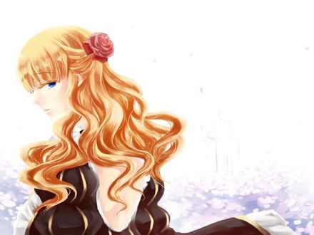 Обои на рабочий стол Беатриче / Beatrice из аниме 'Когда плачут чайки' / 'Umineko no Naku Koro ni' стоит вполоборота и смотрит печальным взглядом