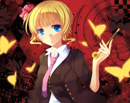 Обои на рабочий стол Беатиче / Beatrice из аниме 'Когда плачут чайки' / 'Umineko no Naku Koro ni' держит трубку, вокруг нее летают бабочки