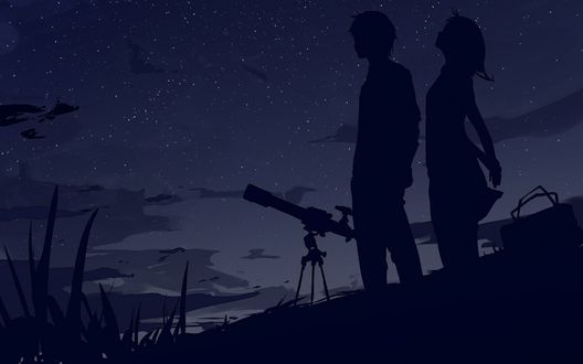 Обои на рабочий стол Силуэты парня и девушки, стоящих рядом с телескопом и смотрящих на звезды