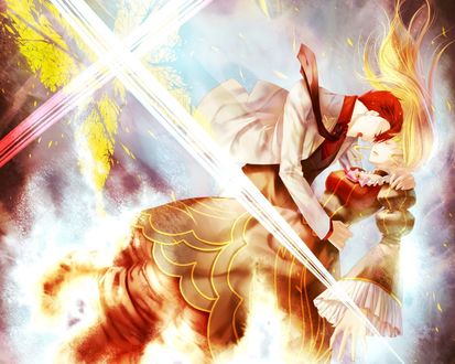 Обои на рабочий стол Баттлер Уширомия / Battler Ushiromia и Беариче / Beatrice из аниме 'Когда плачут чайки' / 'Umineko no Naku Koro ni' падают