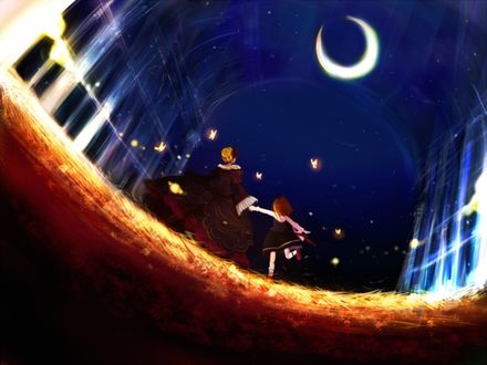 Обои на рабочий стол Беатриче / Beatrice и Мария Уширомия / Maria Ushiromia бегут между домов к луне, окруженные бабочками, из аниме 'Когда плачут чайки' / 'Umineko no Naku Koro ni'