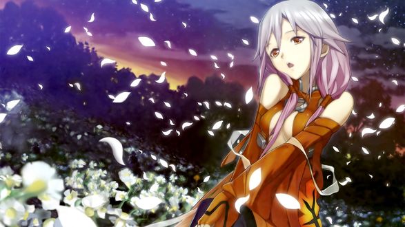 Обои на рабочий стол Yuzuriha Inori / Инори Юдзуриха стоит на поляне из белых ромашек из аниме ''Корона Вины'' / ''Guilty Crown''