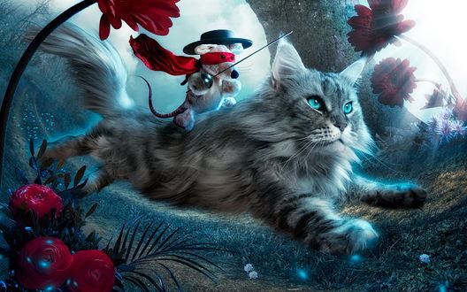 Обои на рабочий стол Бегущий кот по лесной дороге, на котором сидит игрушечный мышонок со шпагой