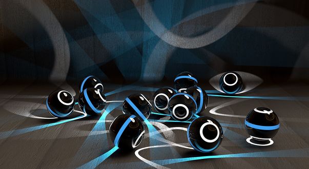 Обои на рабочий стол Светящиеся шары на черном столе