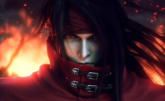 Обои на рабочий стол Vincent / Винсент на фоне огненного пламени из аниме ''Final Fantasy VII: Advent Children'' / ''Последняя фантазия VII: Дети пришествия''