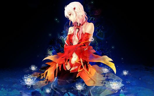 Обои на рабочий стол Инори Юдзуриха / Yuzuriha Inori сидит на камне в воде, вокруг нее белые водяные лилии, позади механизм из аниме ''Guilty Crown'' / ''Венец Вины''