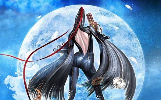 Обои на рабочий стол Байонетта / Bayonetta стоит спиной на фоне луны из игры 'Bayonetta'