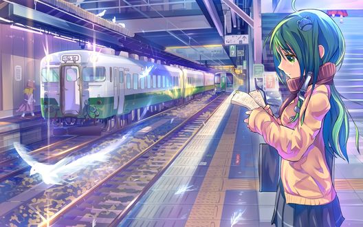Обои на рабочий стол Sanae Kochiya / Санае Кочия в метрополитене ждет поезд и читает дневник из серии компьютерных игр Тохо / Touhou Project (художник Daito)