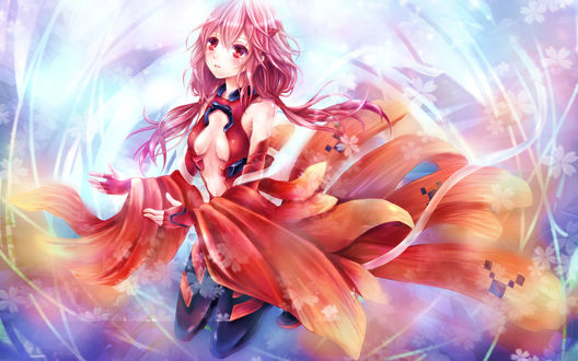 Обои на рабочий стол Инори Юдзуриха / Yuzuriha Inori стоит на коленях из аниме Guilty Crown / Венец Вины