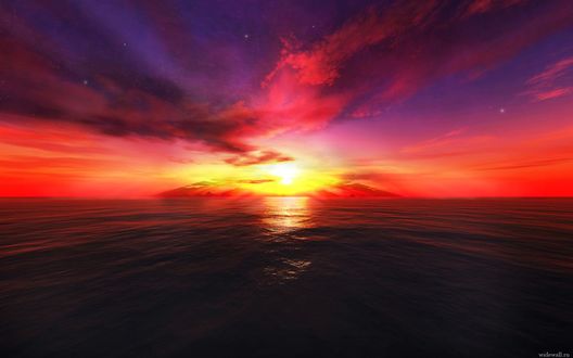 Обои на рабочий стол Заходящее солнце за горизонт моря и гор