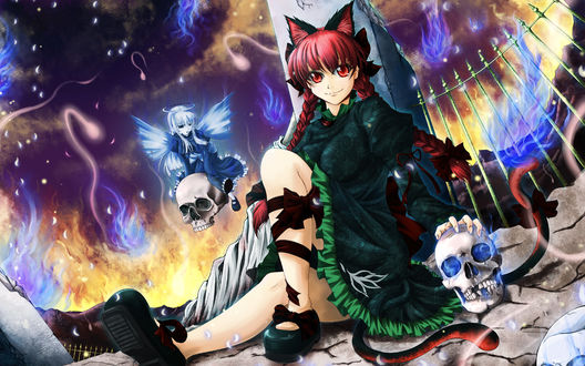 Обои на рабочий стол Рин Каэнбе / Rin Kaenbyou из Тохо / Touhou Project сидит на развалинах у врат в Ад Пылающих Огней, держа череп в руке, вокруг летают духи