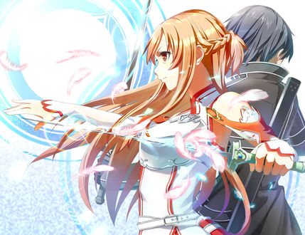 Обои на рабочий стол Юки Асуна / Yuuki Asuna и Киригай Казуто / Kirigay Kazuto стоят спиной к спине обнажив мечи из аниме Мастера меча онлайн / Sword Art Online