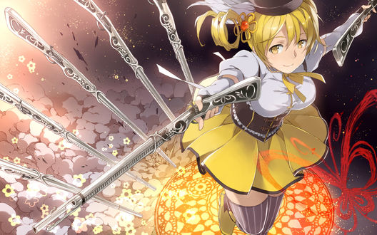 Обои на рабочий стол Mami Tomoe / Мами Томоэ с серебряными мушкетами в руках из аниме Puella Magi Madoka Magica / Девочка-волшебница Мадока Магика