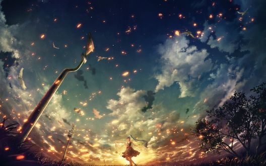 Обои на рабочий стол Вокалоид Мику Хацунэ / Vocaloid Miku Hatsune танцует в поле среди разлетающихся угольков