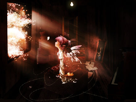 Обои на рабочий стол Mystia Lorelei / Мистия Лорелей из Тохо / Touhou сидит на чердаке в лучах света, пробивающихся из окна