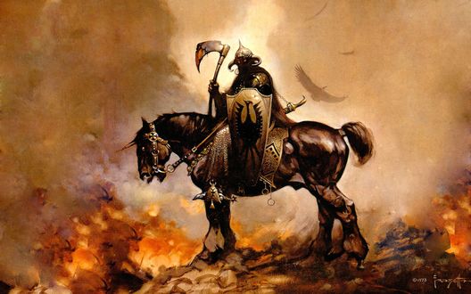 Обои на рабочий стол Демон всадник стоит у огня, художник Фред Филдс / Fred Fields