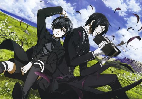 Обои на рабочий стол Себастьян Микаэлис / Sebastian Michaelis и Сиэль Фантомхайв / Ciel Phantomhive из аниме Темный Дворецкий / Black Butler / Kuroshitsuji сидят на лугу, в руках Себастьяна черный подарок