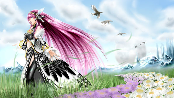 Обои на рабочий стол Vocaloid Megurine Luka / Вокалоид Мегурине Лука на поле среди цветов