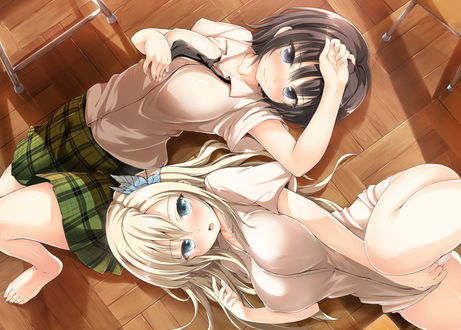 Обои на рабочий стол Ёдзора Микадзуки / Yozora Mikazuki и Сэна Касивадзаки / Sena Kashiwazaki лежат на полу из аниме У меня мало друзей / Boku wa Tomodachi ga Sukuna