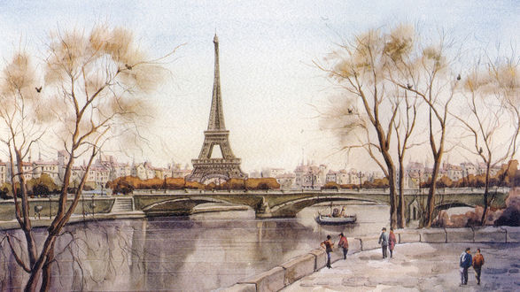 Обои на рабочий стол Пейзаж Парижа / Paris с Эйфелевой Башней / la tour Eiffel и мостом через Сену