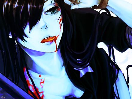 Обои на рабочий стол Black Rock Shooter / Стрелок с Черной Скалы из одноименного аниме слизывает кровь с лица
