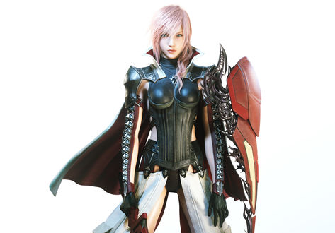 Обои на рабочий стол Молния / Lightning в красивых доспехах на белом фоне из игры Final Fantasy XIII