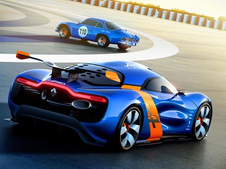 Обои на рабочий стол Синий Renault 2012 Alpine A110-50 стоит на гоночном треке, вид сзади