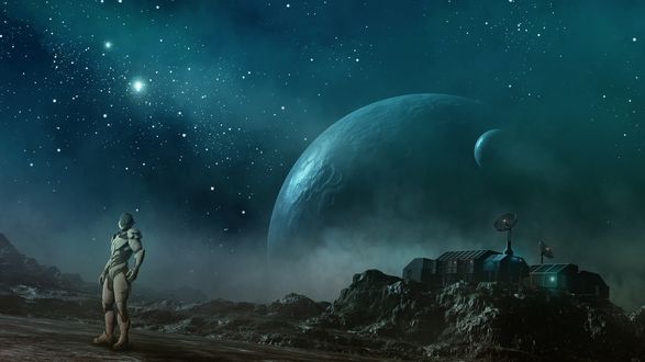Обои на рабочий стол Человек на космической станции