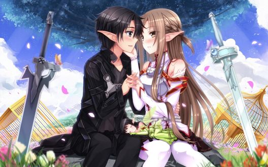 Обои на рабочий стол Юки Асуна / Yuuki Asuna хочет поцеловать Киригая Казуто / Kirigaya Kazuto из аниме Мастера меча онлайн / Sword Art Online
