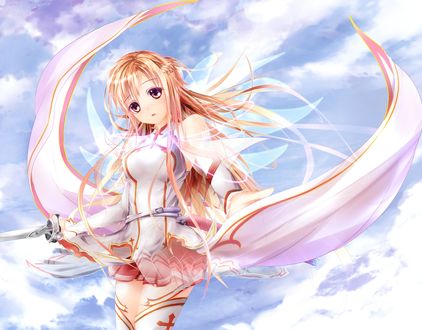 Обои на рабочий стол Юки Асуна / Yuuki Asuna из аниме Мастера меча онлайн / Sword Art Online на фоне неба