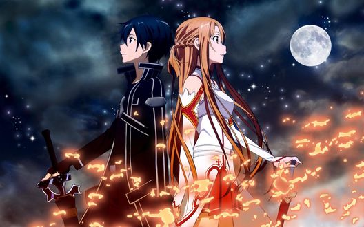 Обои на рабочий стол Юки Асуна / Yuuki Asuna и Киригай Казуто / Kirigay Kazuto стоят спиной к спине на фоне ночного неба из аниме Мастера меча онлайн / Sword Art Online