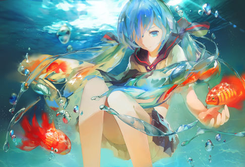 Обои на рабочий стол Вокалоид Мику Хатсуне / Vocaloid Miku Hatsune под водой в окружении рыб